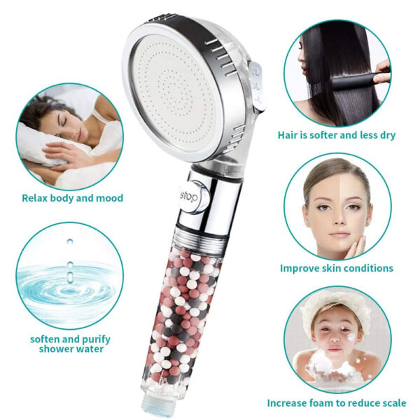 Bathroom 3 Modes High Pressure Shower Head with On Off Switch Stop Button Water Saving Ionic 2