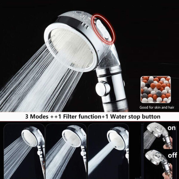 Bathroom 3 Modes High Pressure Shower Head with On Off Switch Stop Button Water Saving Ionic 3